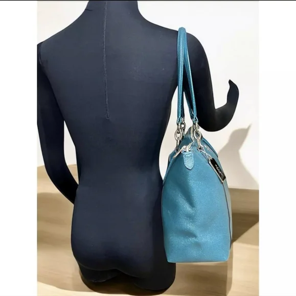 *SOLD* Coach Ava Teal Metallic Glitter Leather Bag Tote Peacock Aqua - Picture 9 of 12